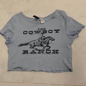 Baby Blue Cowboy Ranch Lettuce Trim Crop Top